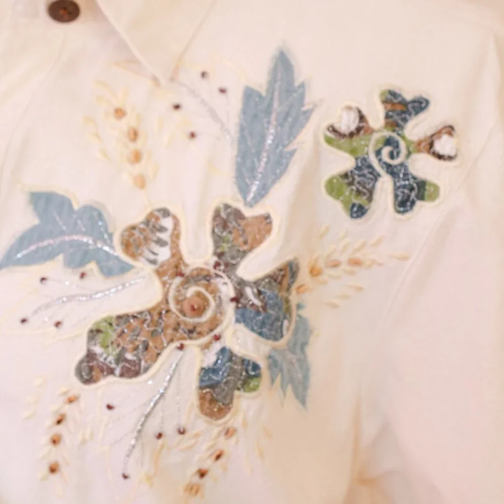 Vintage Jane Ashley Pearl Beaded Embroidered Cotton Shirt, 1990's Embellished - Picture 3 of 5